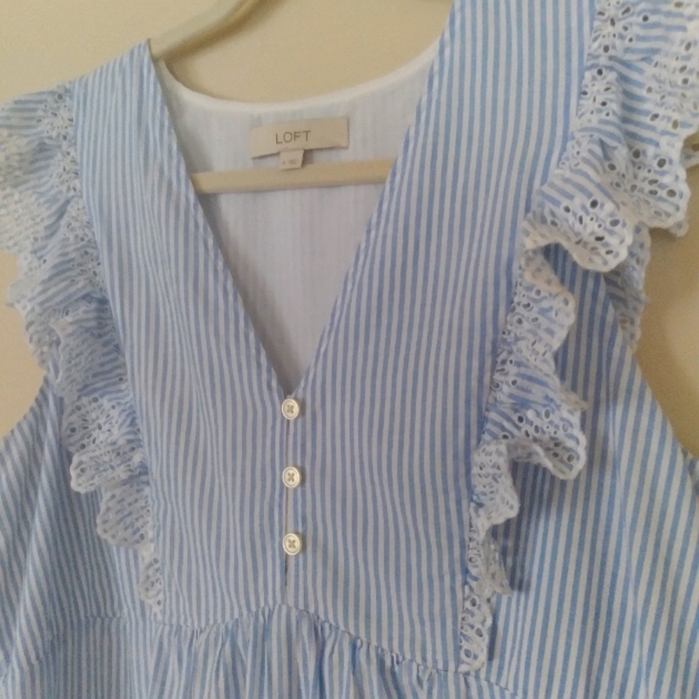 LOFT Babydoll Blue Striped Ruffle Cottagecore Coastal‎ Cowgirl Y2K Mini Dress